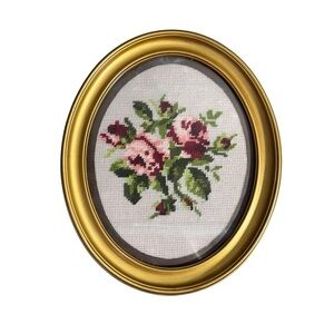 Vintage Cross-Stitch Needlepoint Framed Finished Art Hanging Oval Rose Flower